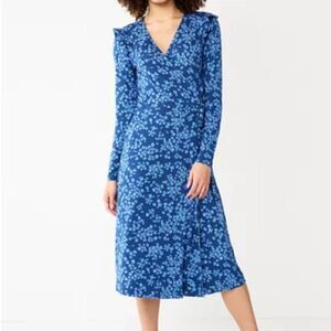 Draper James Wrap Floral Dress Size M Long Sleeves Blue Knit